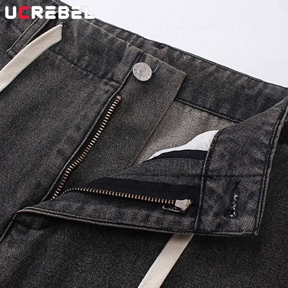 Spliced Wide Leg Jeans Mens High Street Washed Distressed Loose Denim Drawstring Jogger Pants Men 240806