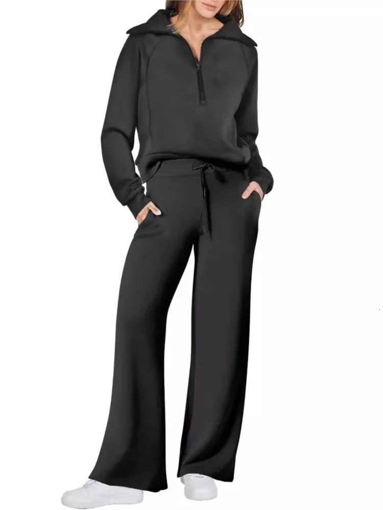 Women Autumn Winter Casual Sports Suit Fashionable Zipper Long Sleeved Sweatshirt With Tie Up Waist Wide Leg Pants Two-piece Set 240807