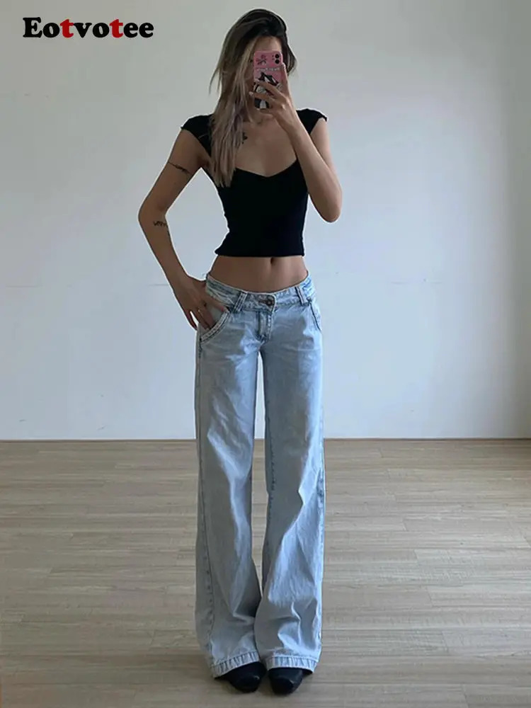 EOTVOTEE Vintage Blue Low Waist Jeans for Women American Streetwear Fashion Button Pockets Full Length Y2k Straight Pantalons 240807