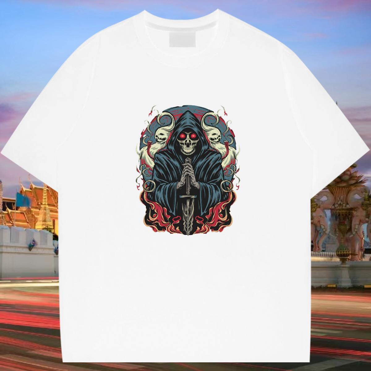 2024 Summer T-Shirts for Men skull Tops Tees 100% Cotton 230g Sports Casual TOP Quality Skull Breathable Short Sleeve Men Tees