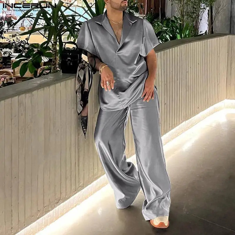 2024 Men Sets Solid Color Streetwear Satin Lapel Short Sleeve Shirt Pants Two Pieces Sets Fashion Mens Casual Suits INCERUN 240806