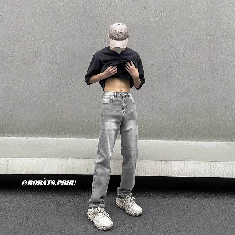 CUMUKKIYP Fashionable Streetwear Jeans Men Y2k Baggy Hosen Denim Pants Washed Vintage Light Grey 240806