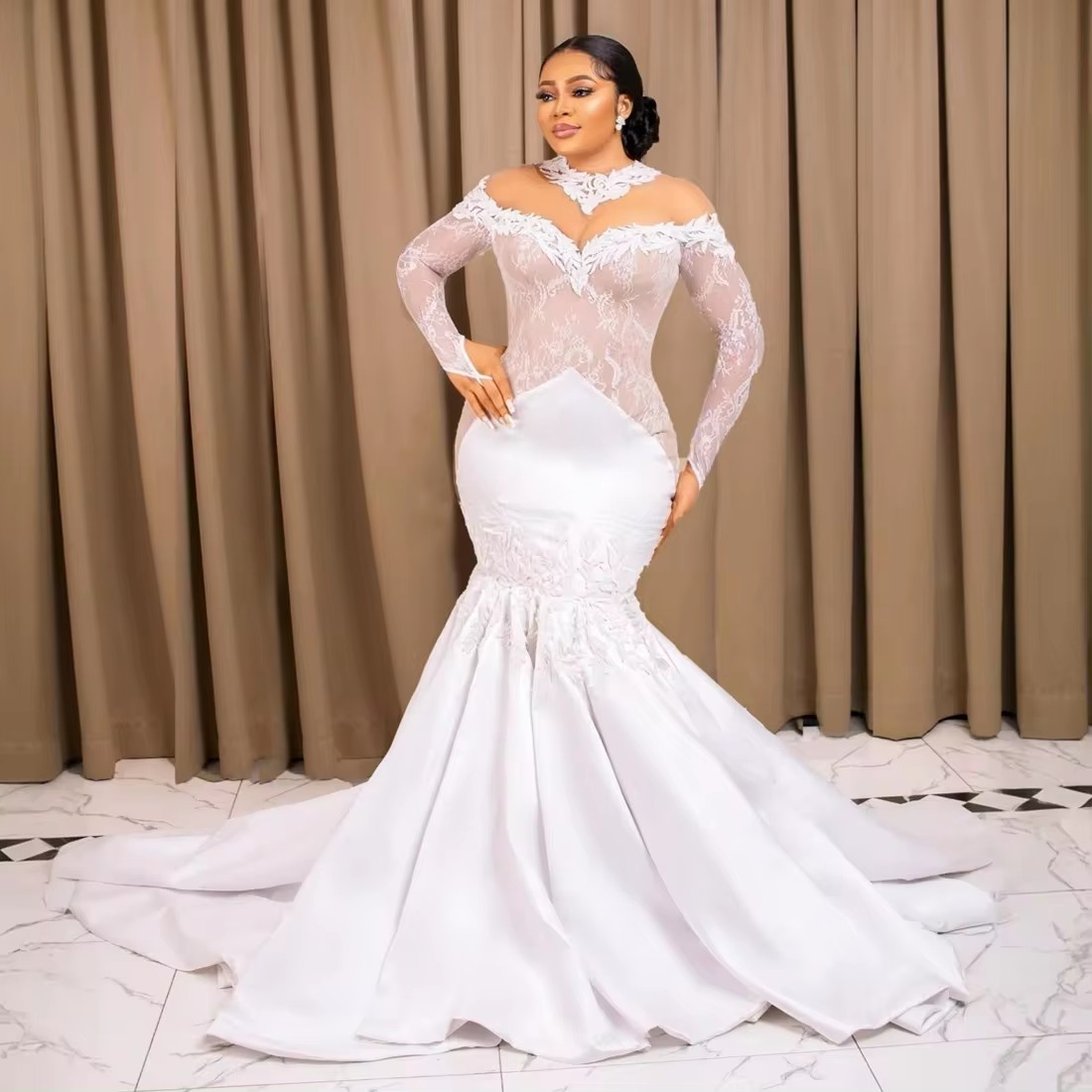 New Style High Neck See Through Lace Wedding Dress for Bride 2025 Robe De Marriage African Long Sleeves Bridal Gowns