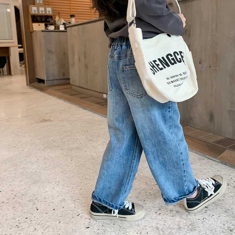 Jeans Autumn girls fashion straight denim pants Kids casual all-match washed jeans