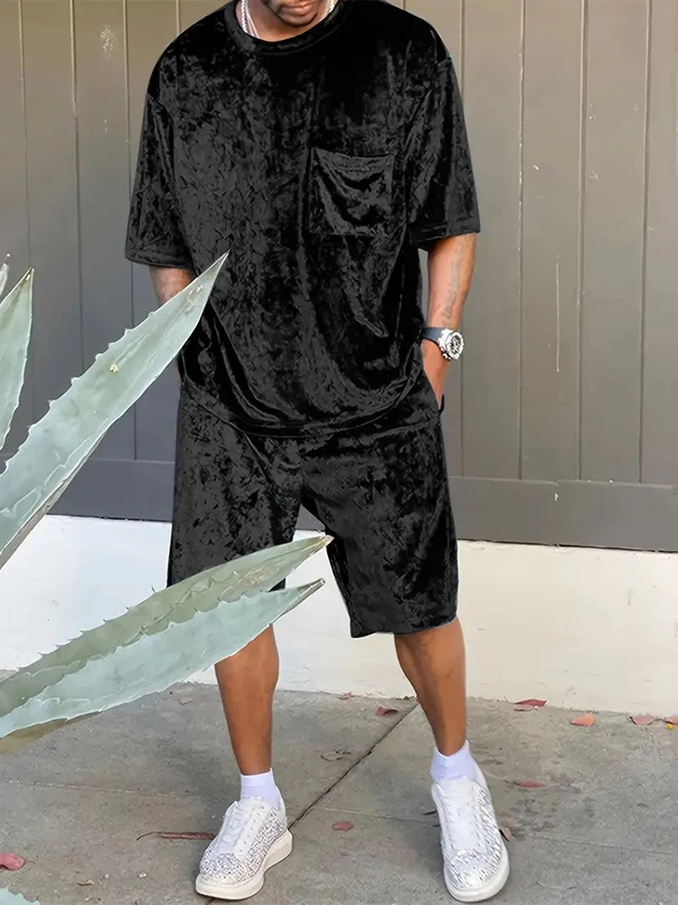 Fashionable Mens Velvet Outfits Summer Casual Solid Color O Neck Short Sleeve T Shirt And Shorts Suits Men Hip Hop Two Piece Set 240806