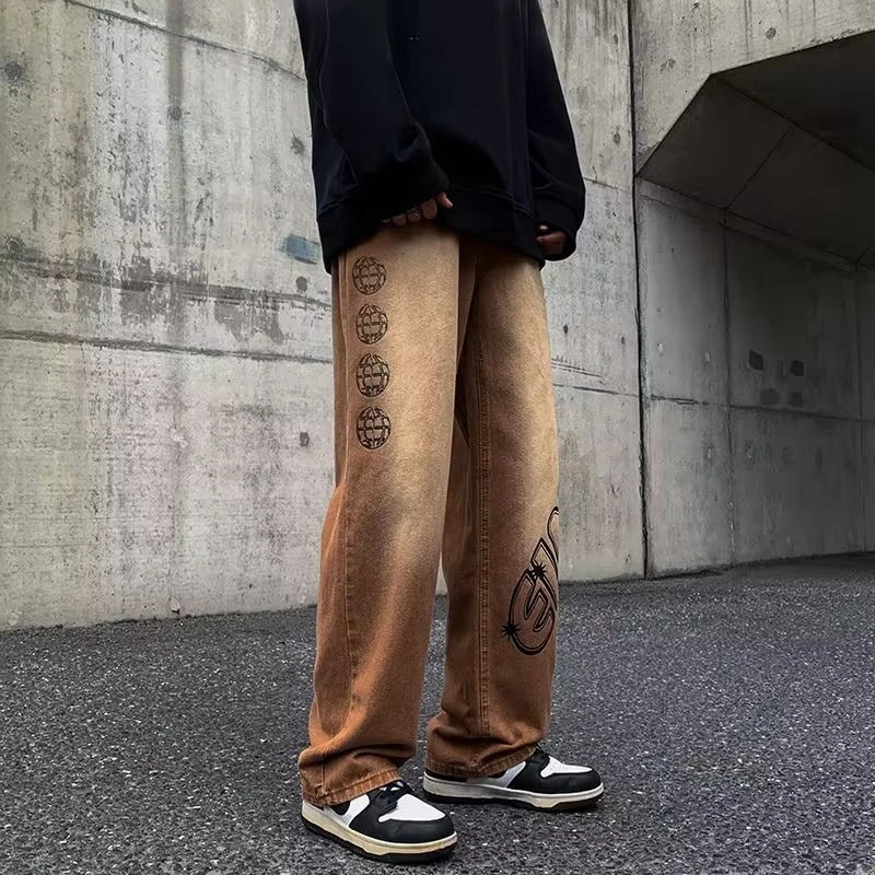 Fashion Letter Graffiti Brown Hip Hop Men Baggy Jeans Pants Y2K Clothes Straight Vintage Denim Trousers Pantalon Homme 240806