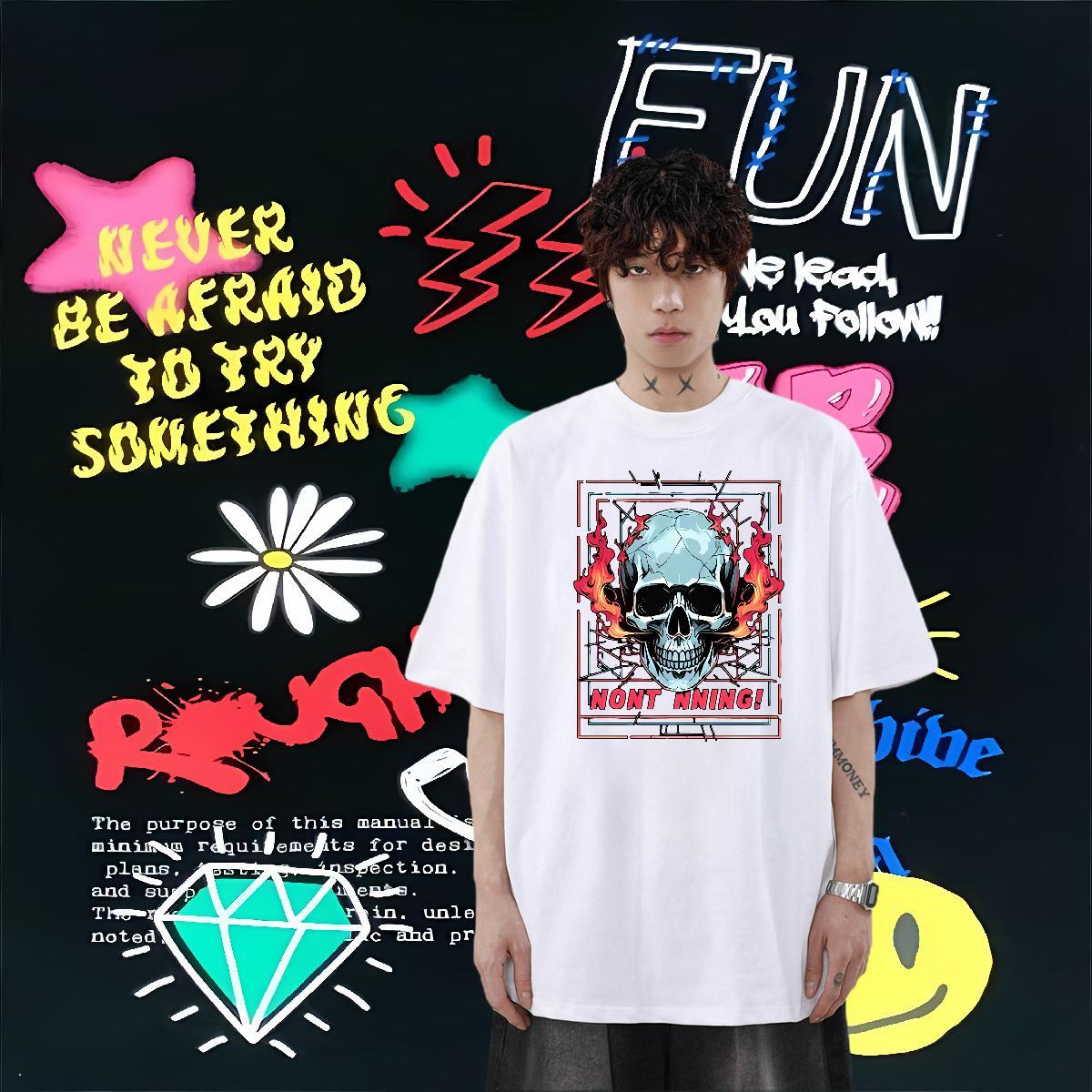 Free Shipping T Shirts Men skull Tops 230g Pure Cotton Street Wear High Quality DIY Logo Oversized Crew Neck Couples T Shirts