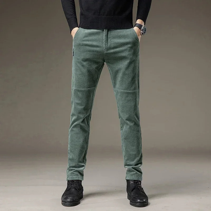 Winter Fleece Warm Corduroy Pants Men Stretch Thick Elastic Waist Fluff Pant Korean Classic Brown Trousers Male Clothing 240806