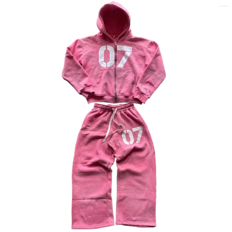 Women's Pants Y2k Zipper Hoodie Two Piece Set Hip Hop Digital Print Hooded Women Clothes Sweatshirts Drawstring Casual Sports Pant