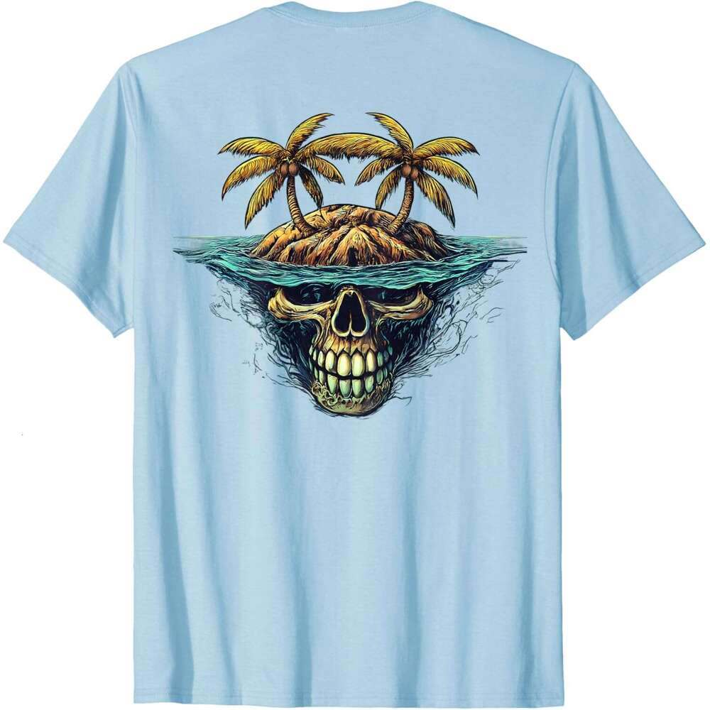 Mens T shirt On Back Cool Island Palm Trees Skull Beach Pirate Nautical T-Shirt shirts tshirt graphic tee Casual tops summer clothes Short sleeve Free