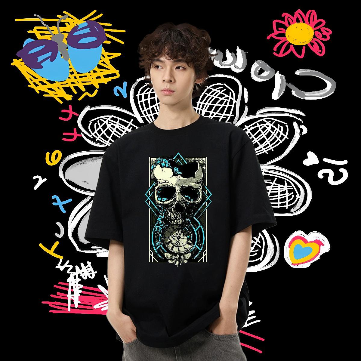 Fashion Casual Man T Shirts skull Tshirts 230g Pure Cotton Sports Casual Classic DIY Anime O Neck Short Sleeves Men Tees