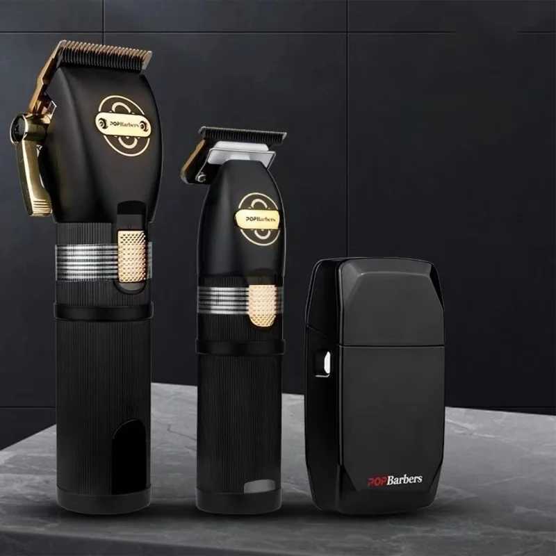 Professional POP Barber Shop Electric Hair Clipper Set Decoration Clipper Black and Gold Three Piece Limited Edition Carving Bald Head W240806