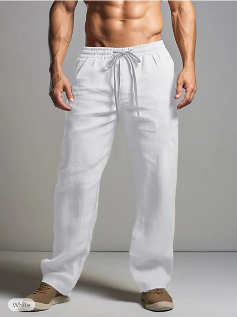 Solid Color Cotton Hemp Pants Drawstring Elastic Waist Straight Leg Breathable Daily Casual Plus Size 240806