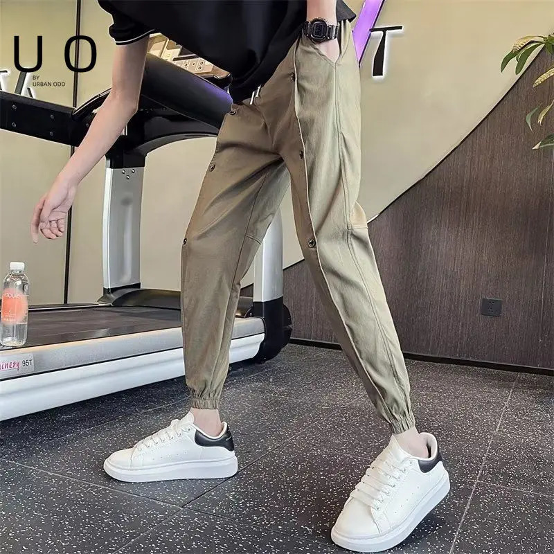 Casual Summer Thin Button Decoration Mens Cargo Pants Pocket Waist Drawstring Harlun Slim Korean Allmatch Male Trousers 240806