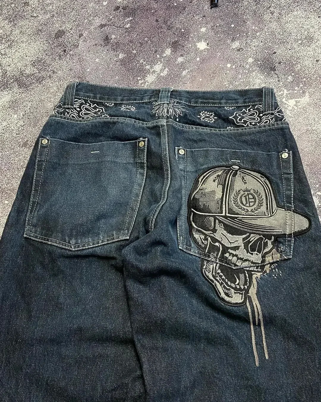 American high street skull straight jeans retro y2k washed personality pocket versatile wide leg casual denim trousers 240806