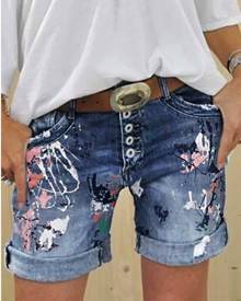 Summer new shorts, washed printed denim jeans, women's clothing