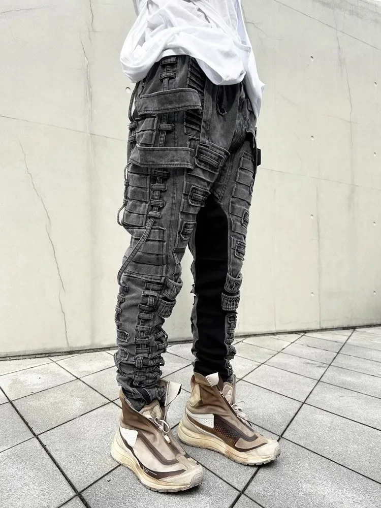 Mens Asymmetric Slim Fit Distressed Cargo Pants Dark Gray Washed Joggers Men 240806