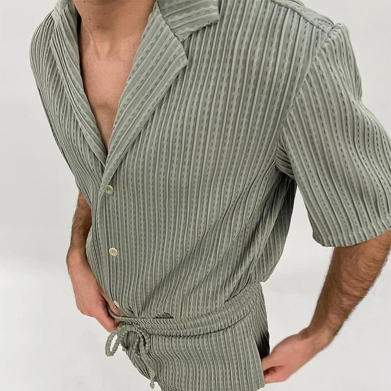 Men Sets Summer Casual Short-sleeved Shirt Shorts Fashion Striped Suit Male Two-piece Set Tracksuit Ropa Para Hombre 240816