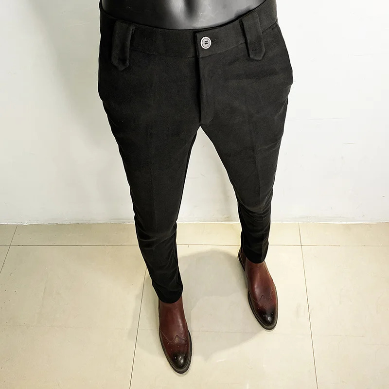 Autumn Winter Thickened Suit Pants Men Casual Slim Fit Straight Trousers Formal Business Woolen Cloth Social Office Dress 240806