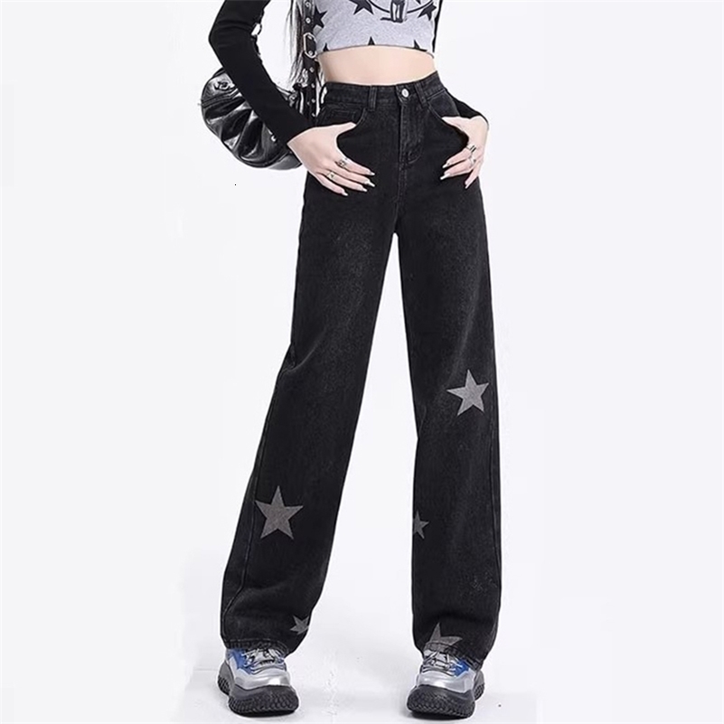 Fashion Style Vintage Star Decoration Jeans Girls High Street Y2k Denim Straight Leg Pants Lady Streetwear Punk Black Trousers 240806