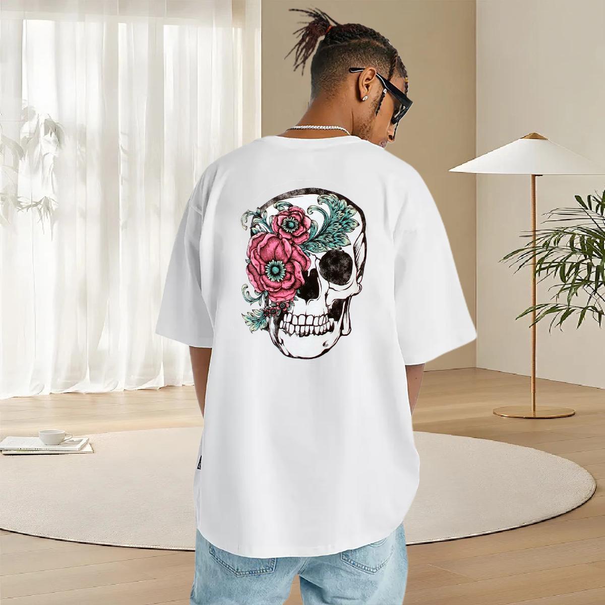2024 Summer T Shirts Men skull Wear 230g 100% Cotton Casual Daily Wear Brand Floral Print Breathable Short Sleeve Tshirts