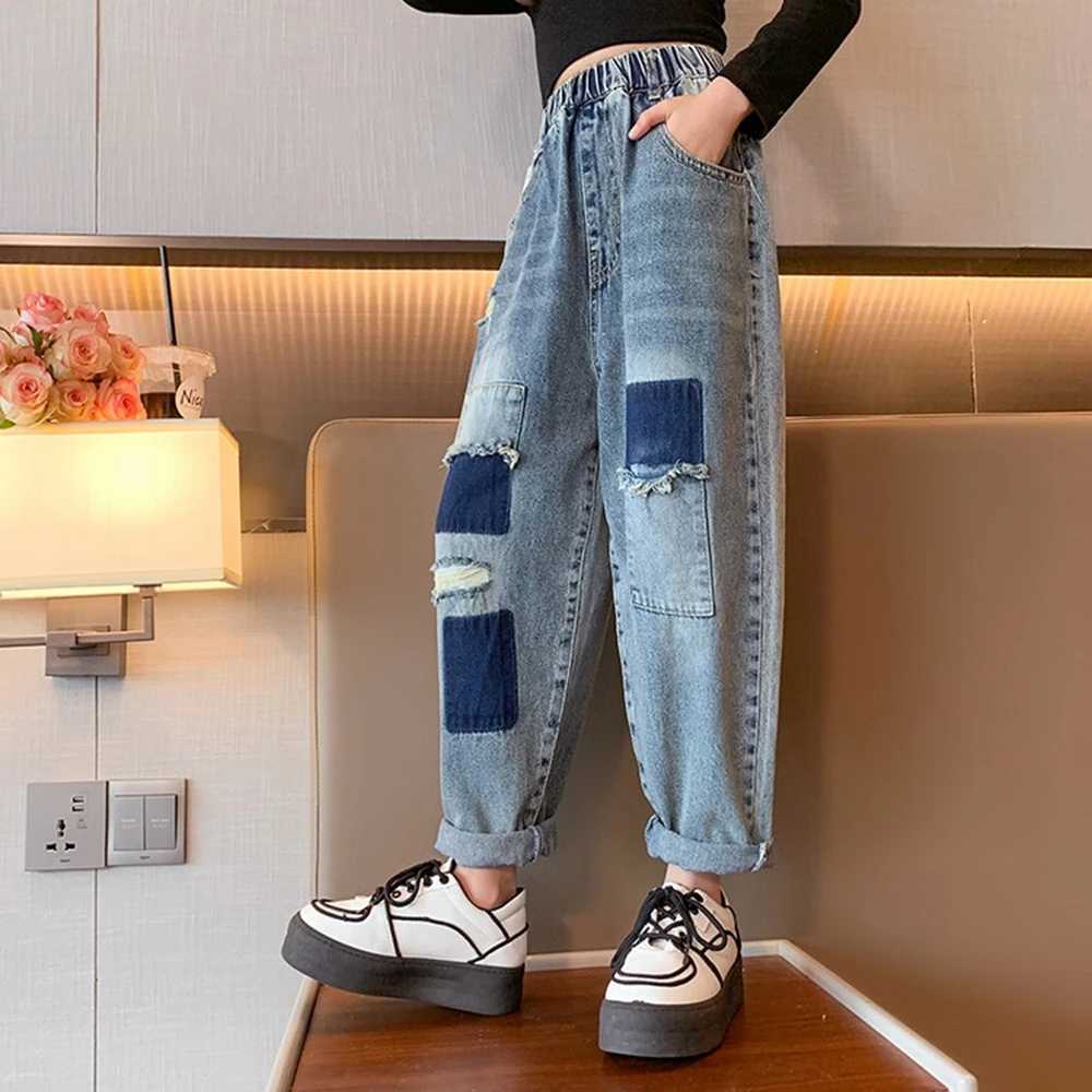 Jeans New Fashion Jeans for Teen Girl Patch Design Jeans Casual Style Kids Denim Harem Pants Spring Autumn Childrens Trousers 4-16Y