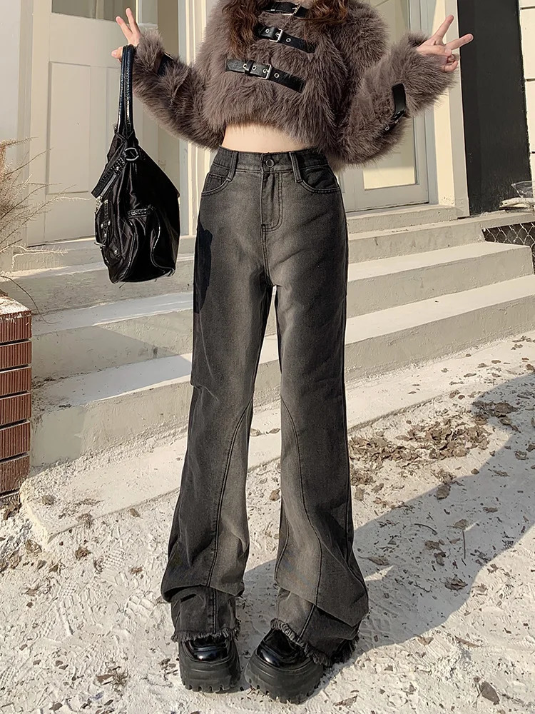 Slergiri Fashion Y2k Raw Hem Washed Do Old Bell Bottom Jeans for Women Streetwear American Vintage Punk Ladies Flare Pants 240807
