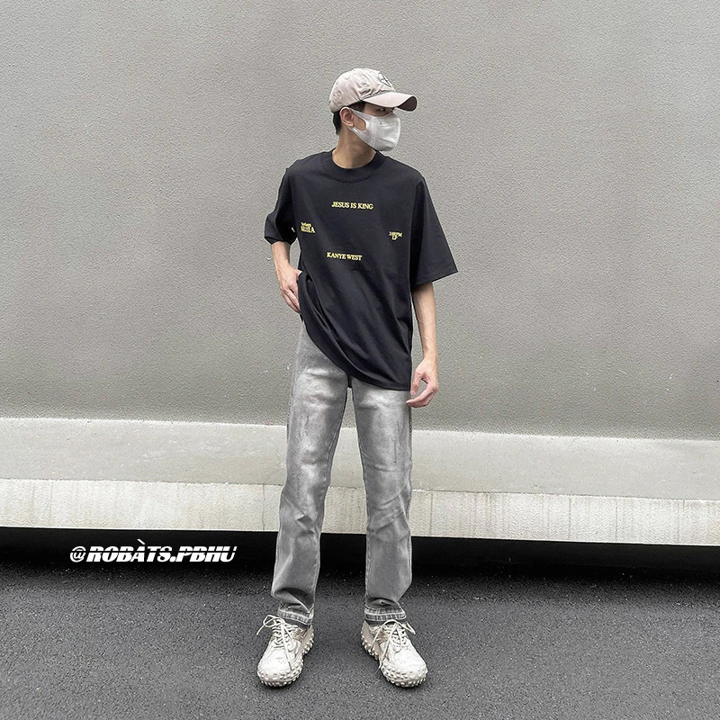 CUMUKKIYP Fashionable Streetwear Jeans Men Y2k Baggy Hosen Denim Pants Washed Vintage Light Grey 240806