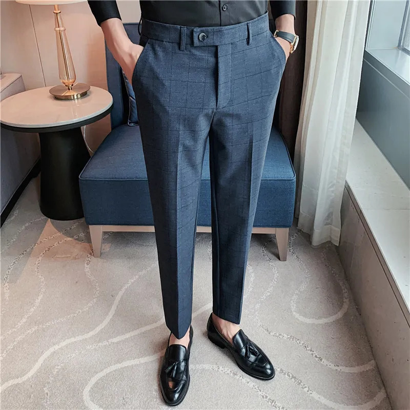 High Quality Mens Formal Pants Office Social Business Fashion Plaid Suit Casual Slim Wedding Street Wear Trousers 38 240806