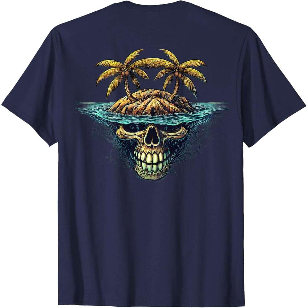 Mens T shirt On Back Cool Island Palm Trees Skull Beach Pirate Nautical T-Shirt shirts tshirt graphic tee Casual tops summer clothes Short sleeve Free