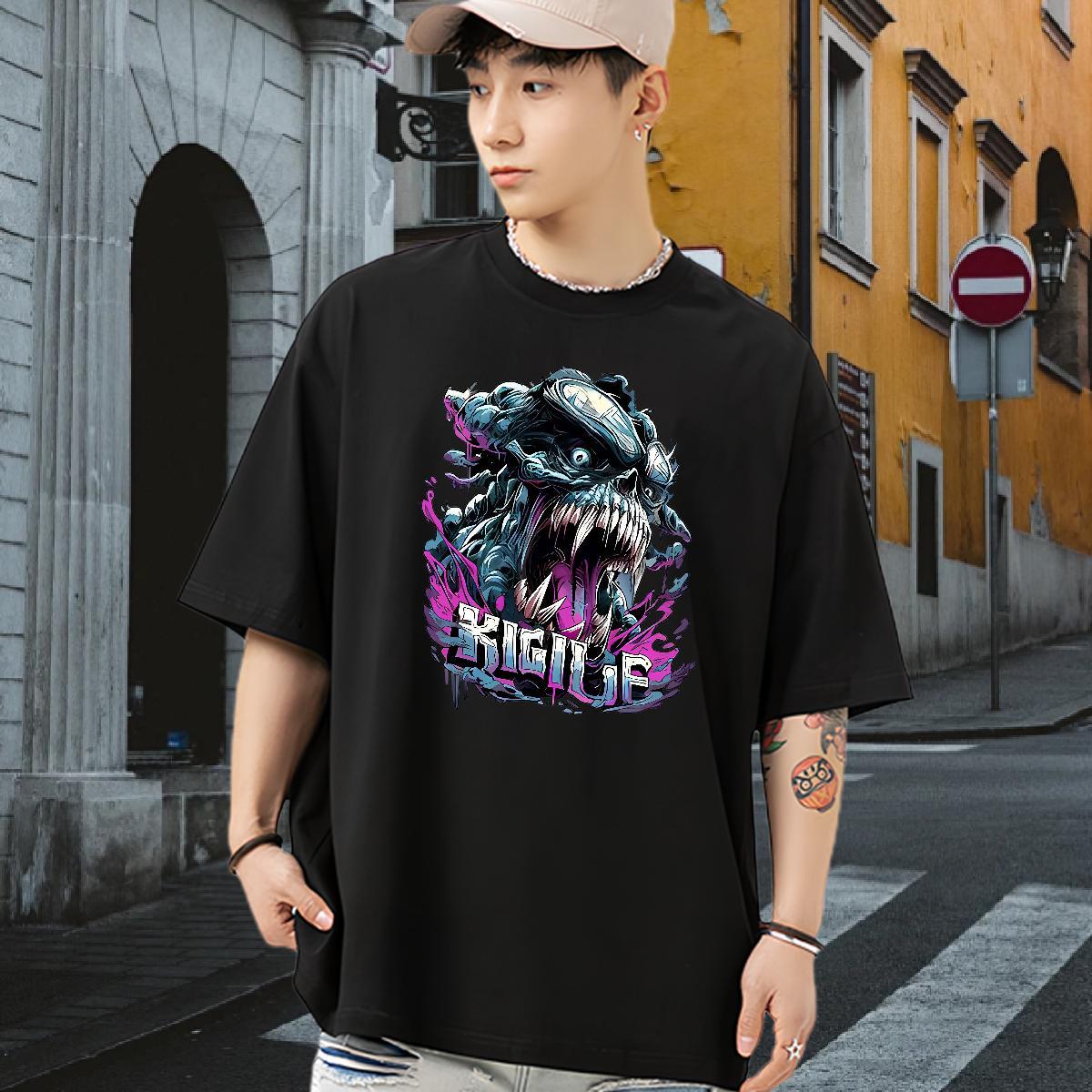 2024 DIY T-Shirts for Men skull Clothes 230g Cotton Summer Casual Loose DIY Logo Oversized Short Sleeve O-Neck Men Tees