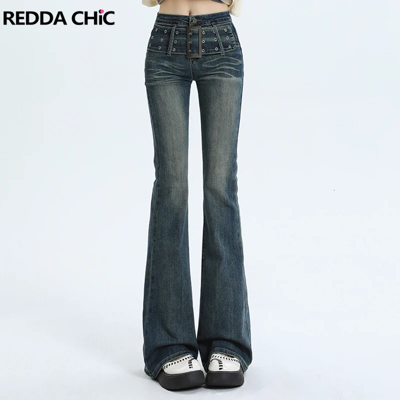 ReddaChic Y2k Belted Womens Flare Jeans Grayu Slim Fit High Waist Denim Bell Bottoms Bootcut Pants Korean 90s Retro Streetwear 240807