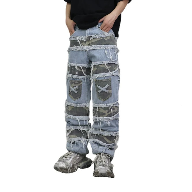 Style Vintage Washed Distressed Ripped Patch Jeans Men Street Hip Hop Erosion Camouflage Destroyed Trousers Women 240806