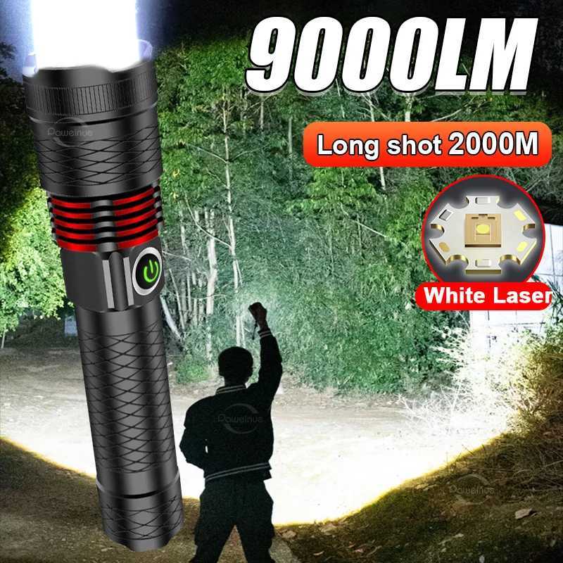 NEW 9000LM Rechargeable LED Flashlights White Laser Lamp Beads 2000m Super Bright Flashlight Powerful Lantern Camping Torch Y240731