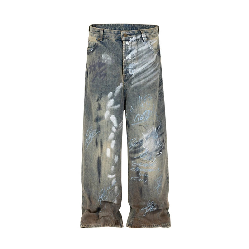 High Street hiphop Style Graffiti handpainted splashink Rags Dirty Wash wideleg Jeans Man 240806