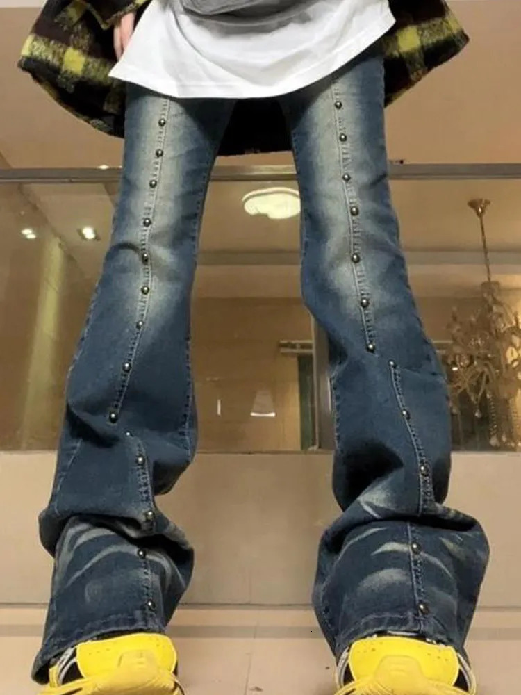 Y2k Rivet Bell Bottom Woman Denim Pants Slim High Waist Pant Streetwear Jeans Autumn Female Zipper Hip Hop Long Trourse 240807