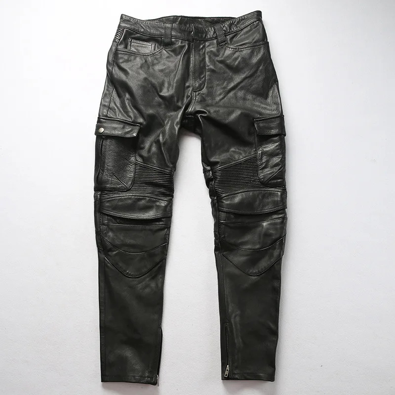 Mens Motorcycle Biker Genuine Leather Pants Real Cowhide Slim Pencil Design Men Cargo Trousers 240806