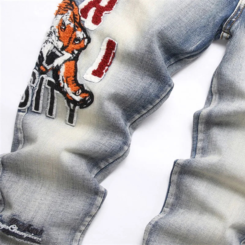 2024 Punk Mens Black and Blue Letter Embroidered Jeans Street Clothing Hole Tear Denim Pants Hip Hop Ultra Thin Hombre Trousers 240806