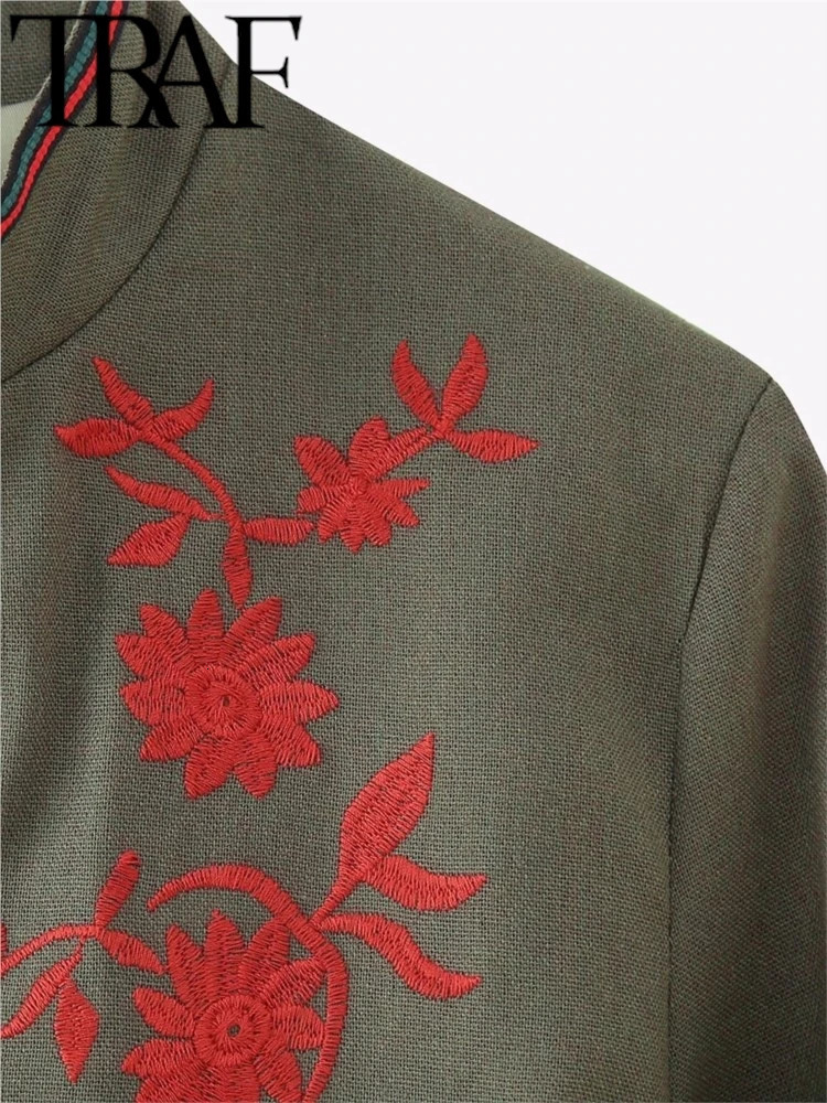 TRAF GAL Spring Red Embroidered Jacket Women Short Cardigan Long Sleeve Stand Collar Vintage Coat Female Crop Top Y2k 240807