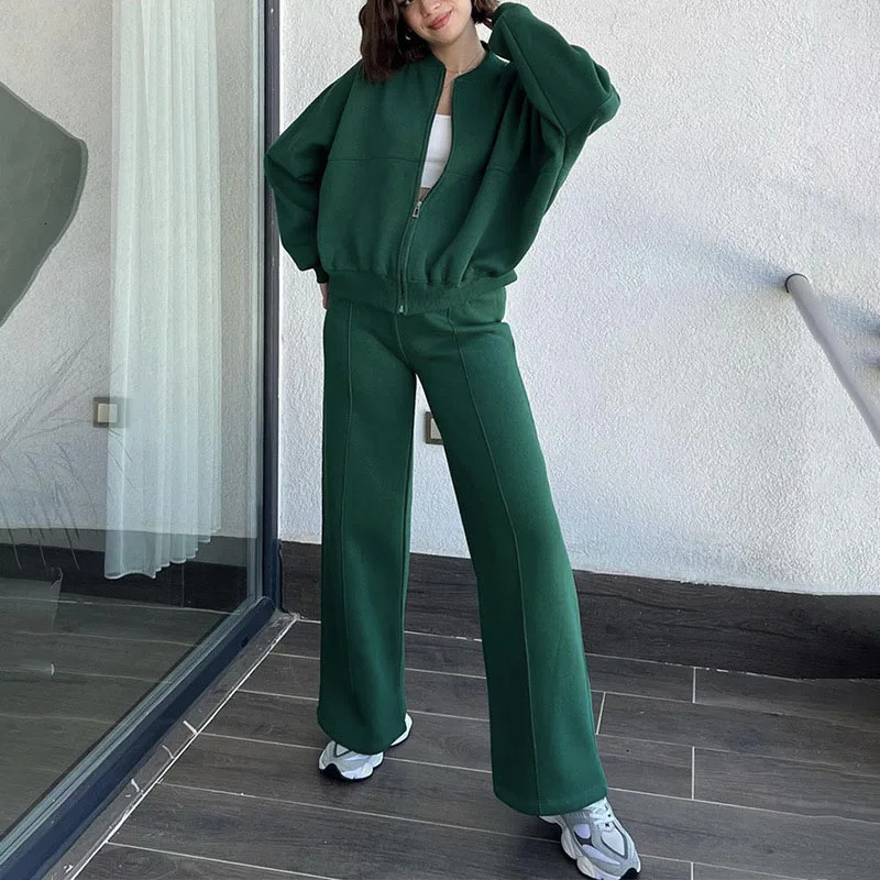 Autumn Winter Solid Loose Tracksuit Women Casual Zipper Sweatshirt Coat Laceup Pants Outfit Fashion Warm Two Piece Suit Sets 240808