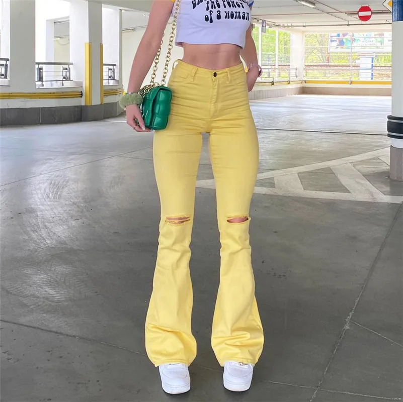 Women Stretch Flare Yellow Ripped Jeans Lady Vintage Y2K Punk High Waist Denim Pants Lady Streetwear Bell Bottom Slim Trousers 240807