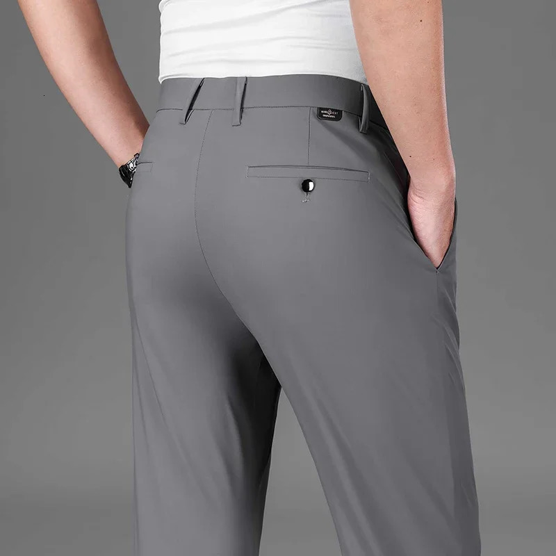 Summer Men Elastic Straight Business Suit Pants Thin Long Office Trousers Designer High Quality Ice Silk Ultra 240806