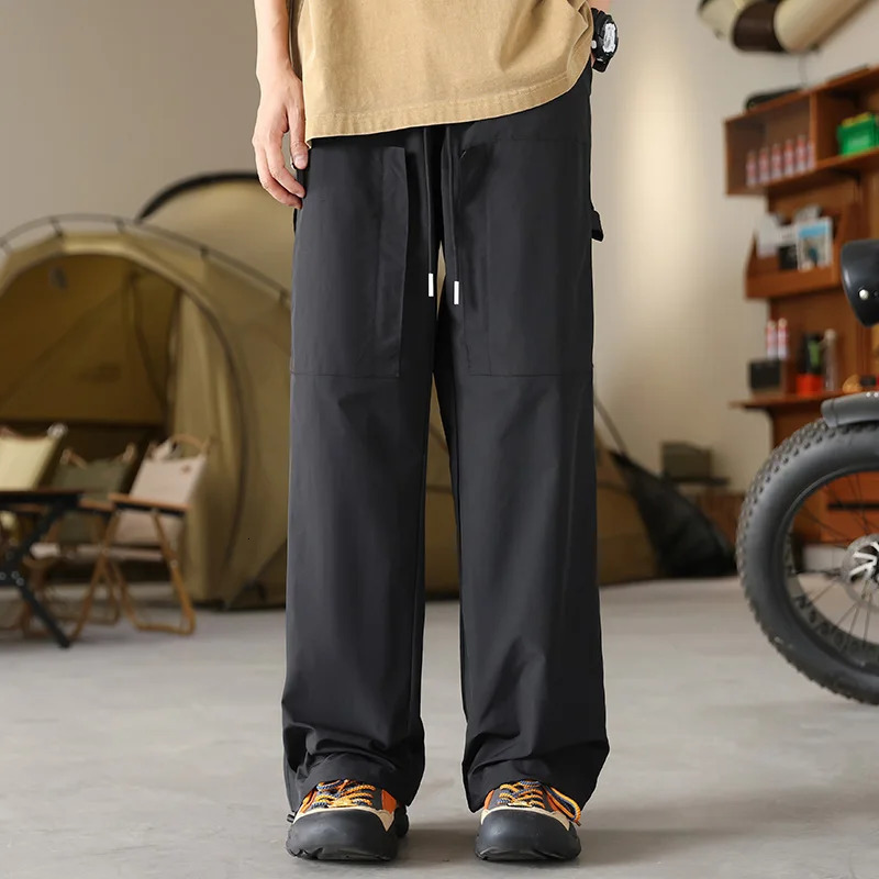 Boyfriend Cargo Bloomers Trousers Mens Clothing Casual Loose Solid Color Elastic High Waisted Pockets Spring Autumn Pants 240806