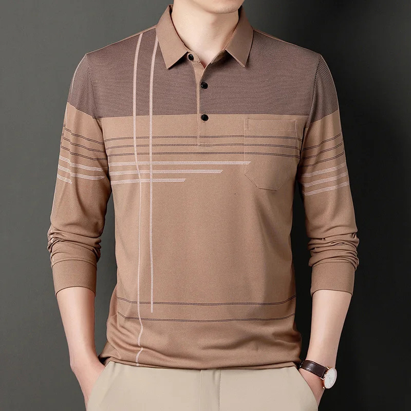 Mens Polo Shirt Long-sleeved Polos Shirt Lapel Fashion Spring and Autumn Thin Shirt Casual Loose Tops Striped Streetwear 240814