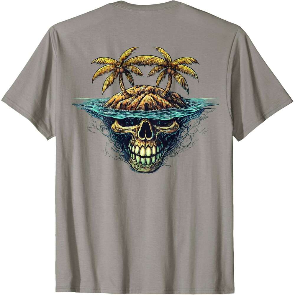 Mens T shirt On Back Cool Island Palm Trees Skull Beach Pirate Nautical T-Shirt shirts tshirt graphic tee Casual tops summer clothes Short sleeve Free
