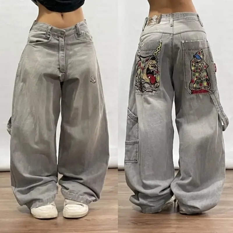 Y2k Fashion Loose Street Casual Jeans Womens Retro Pattern Embroidery High Waist Korean Gothic Denim Trousers Street Wear 240806