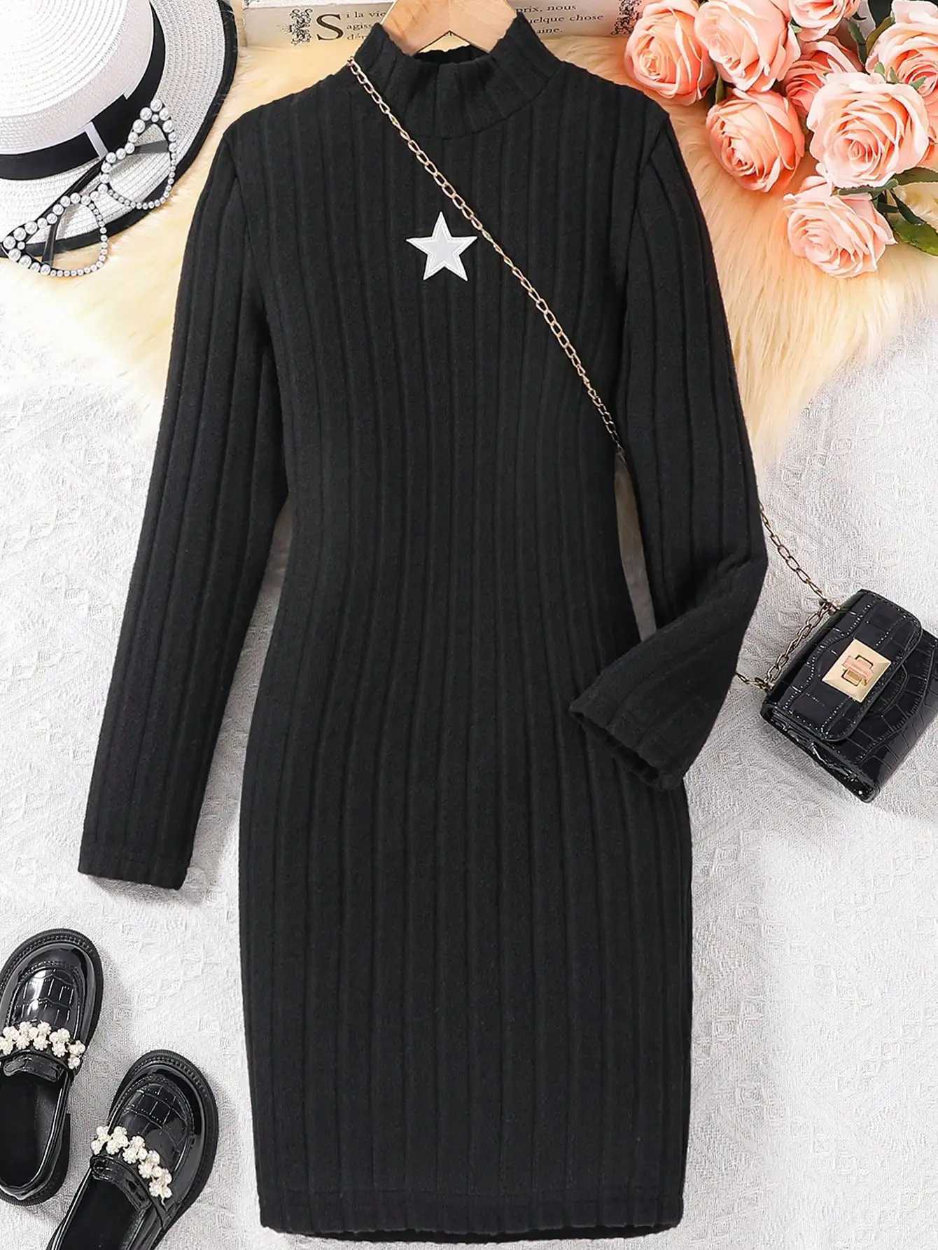 Girls casual and elegant star figure torn high neck ultra-thin body dress outdoor gift party for spring and summerW240720