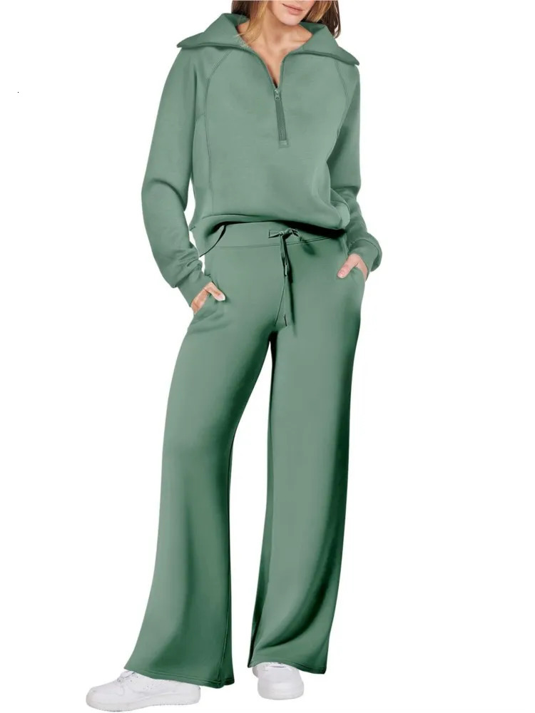 Women Autumn Winter Casual Sports Suit Fashionable Zipper Long Sleeved Sweatshirt With Tie Up Waist Wide Leg Pants Two-piece Set 240807
