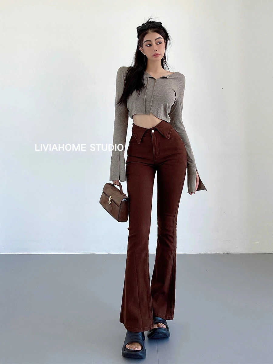 Skinny Tight Stretch Flare Jeans Denim Pant with Turndown Collar high waist y2k pants elegant slim slight bootcut bell bottom 240807