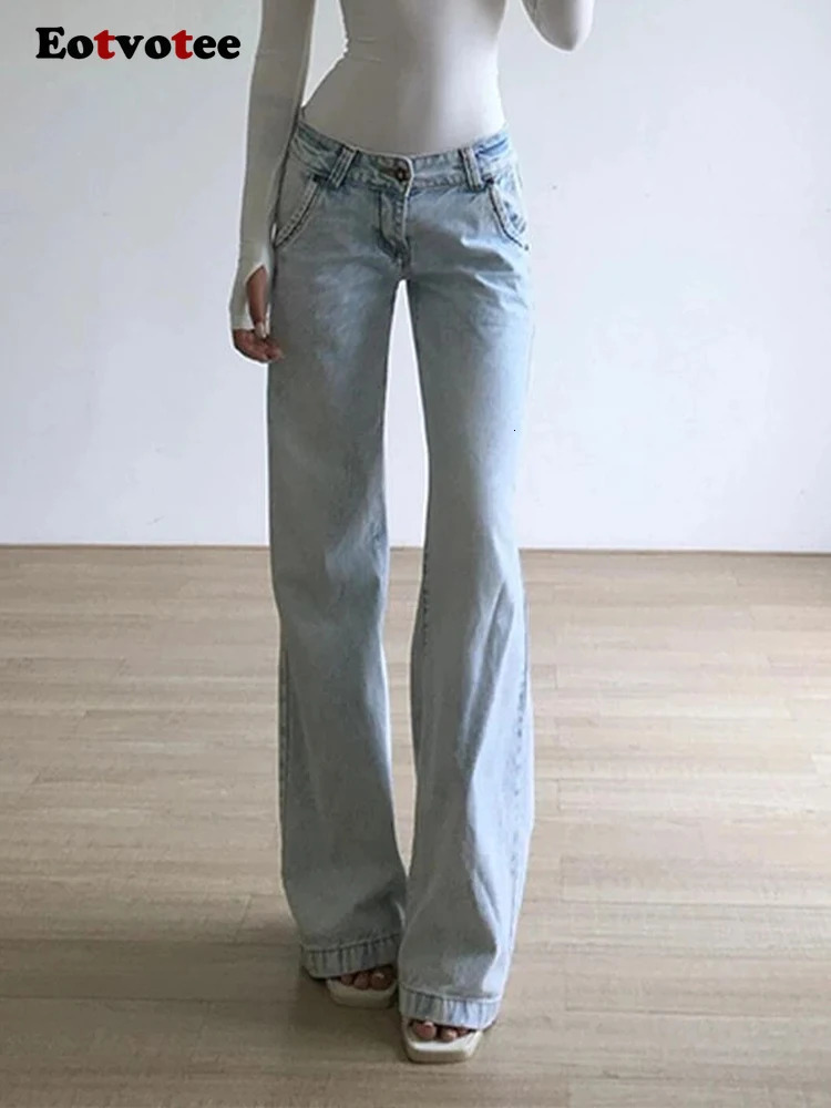 EOTVOTEE Vintage Blue Low Waist Jeans for Women American Streetwear Fashion Button Pockets Full Length Y2k Straight Pantalons 240807